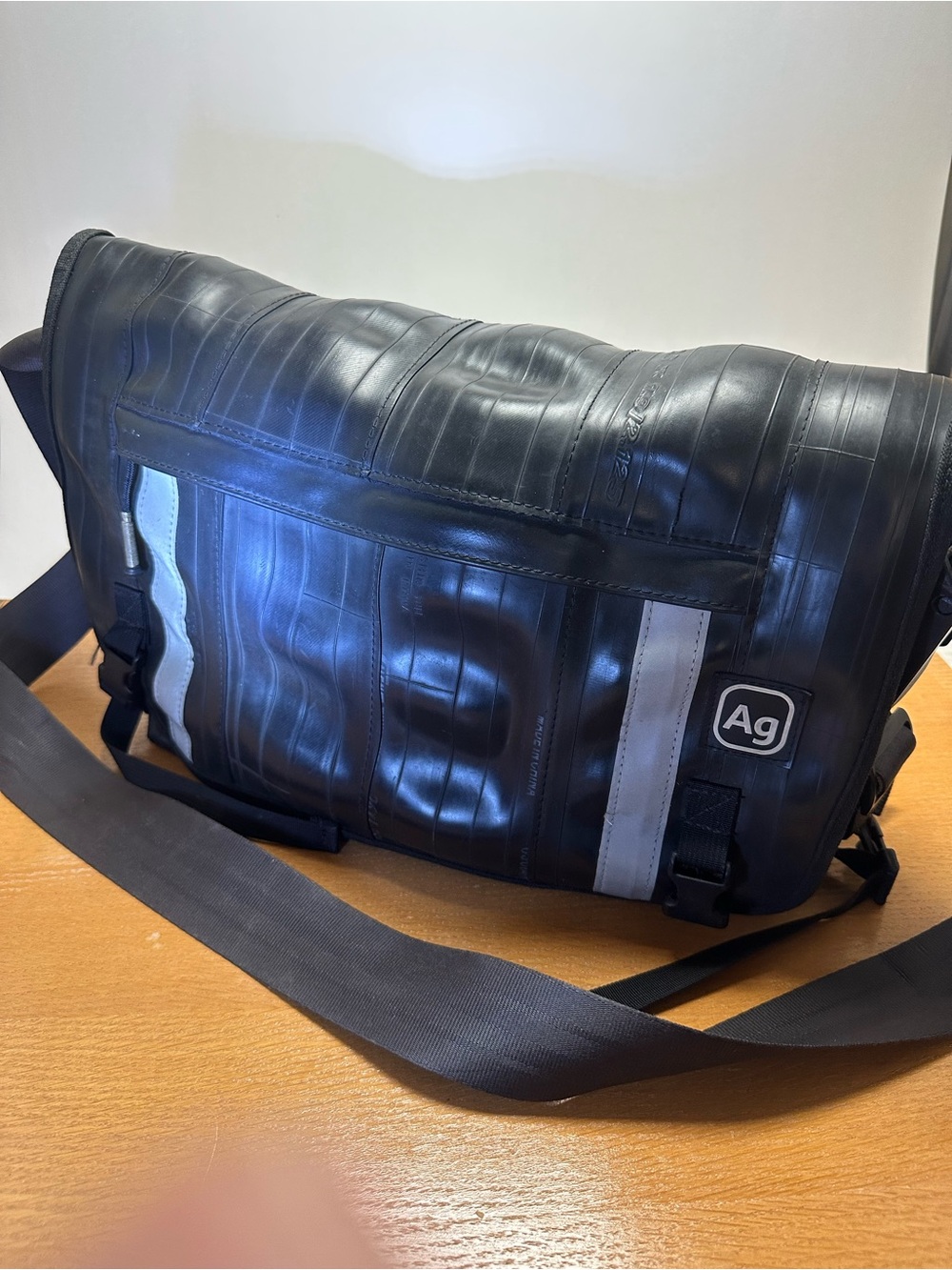 Black Messenger Bag made from upcycled inner tubes